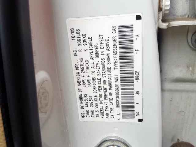 1HGCP36869A017451 - 2009 HONDA ACCORD EXL  photo 10