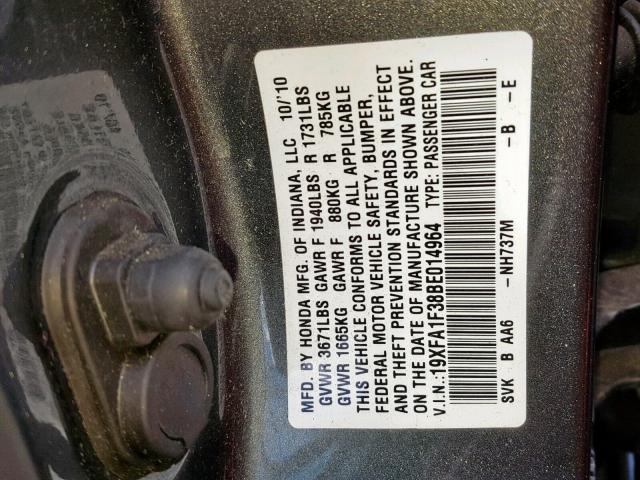 19XFA1F38BE014964 - 2011 HONDA CIVIC VP GRAY photo 10