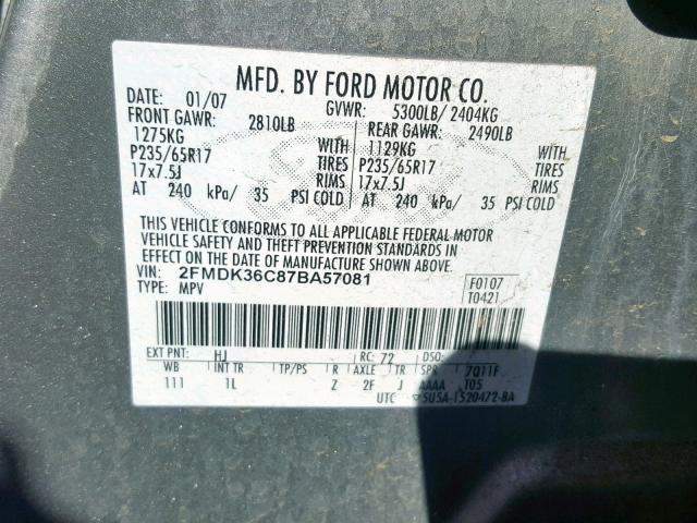 2FMDK36C87BA57081 - 2007 FORD EDGE SE GRAY photo 10