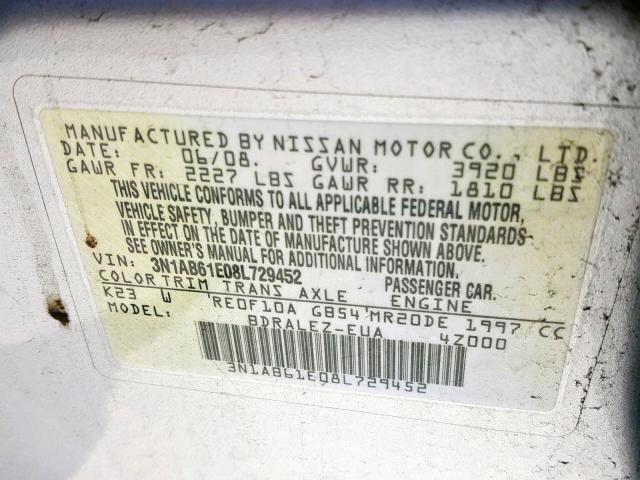 3N1AB61E08L729452 - 2008 NISSAN SENTRA 2.0 SILVER photo 10