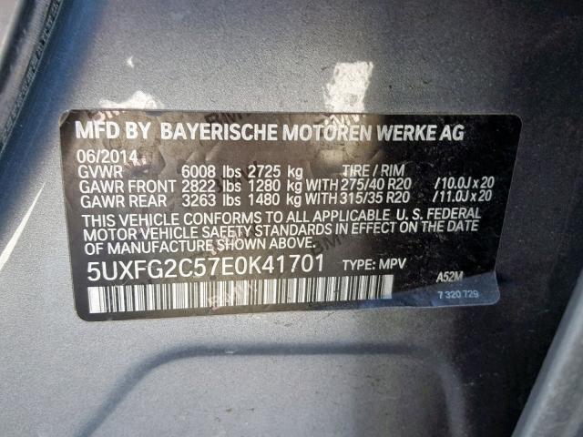 5UXFG2C57E0K41701 - 2014 BMW X6 XDRIVE3 GRAY photo 10