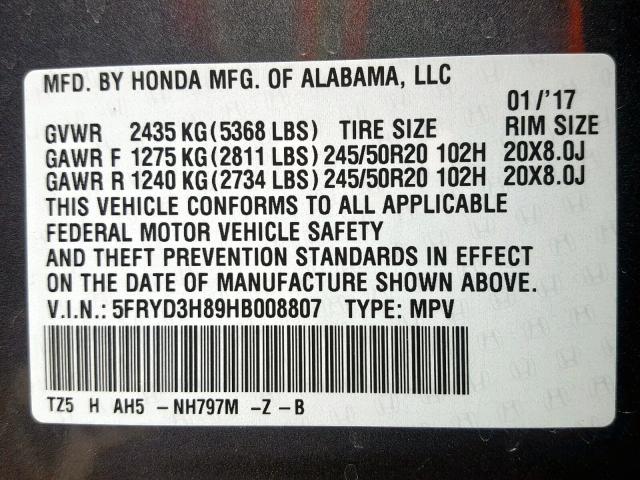 5FRYD3H89HB008807 - 2017 ACURA MDX ADVANC GRAY photo 10