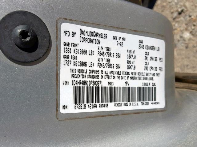 1D4HR48N13F503671 - 2003 DODGE DURANGO SL SILVER photo 10