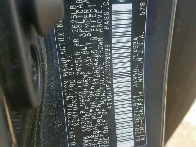 4T1BD1FK7CU028088 - 2012 TOYOTA CAMRY HYBR CHARCOAL photo 10