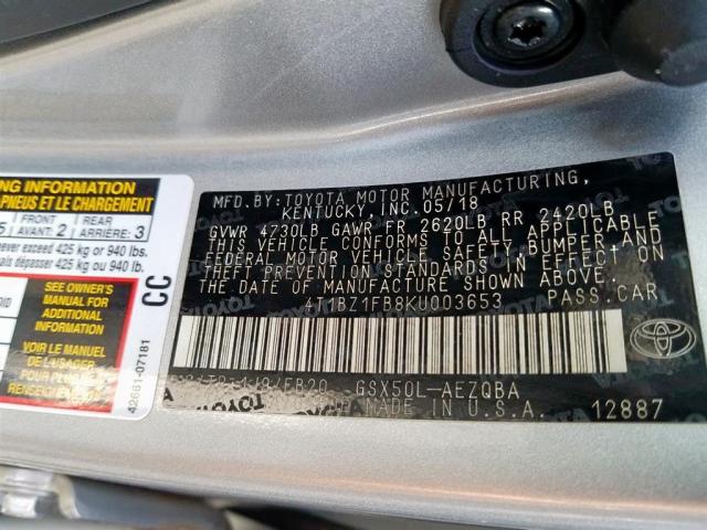 4T1BZ1FB8KU003653 - 2019 TOYOTA AVALON XLE SILVER photo 9