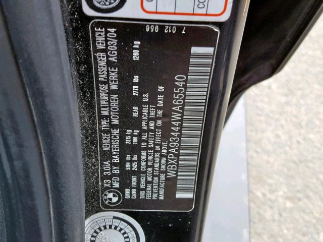 WBXPA93444WA65540 - 2004 BMW X3 3.0I BLACK photo 10