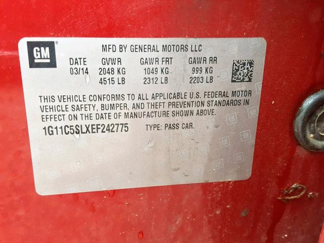 1G11C5SLXEF242775 - 2014 CHEVROLET MALIBU 1LT 红色 照片 10