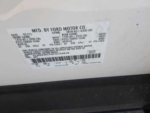 1FM5K8GT9FGC03818 - 2015 FORD EXPLORER S WHITE photo 10