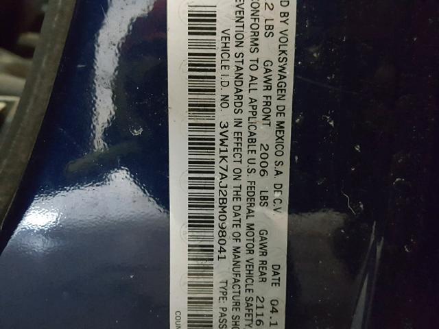 3VW1K7AJ2BM098041 - 2011 VOLKSWAGEN JETTA BASE BLUE photo 10