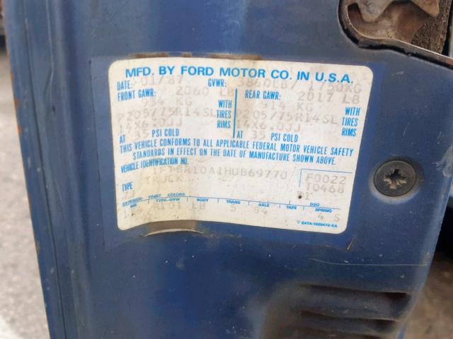 1FTBR10A1HUB69770 - 1987 FORD RANGER BLUE photo 10