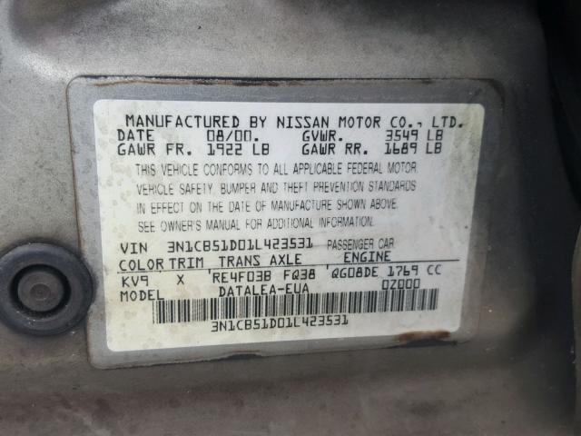 3N1CB51D01L423531 - 2001 NISSAN SENTRA XE GRAY photo 10