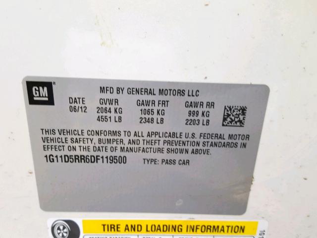 1G11D5RR6DF119500 - 2013 CHEVROLET MALIBU 1LT 白色 照片 10