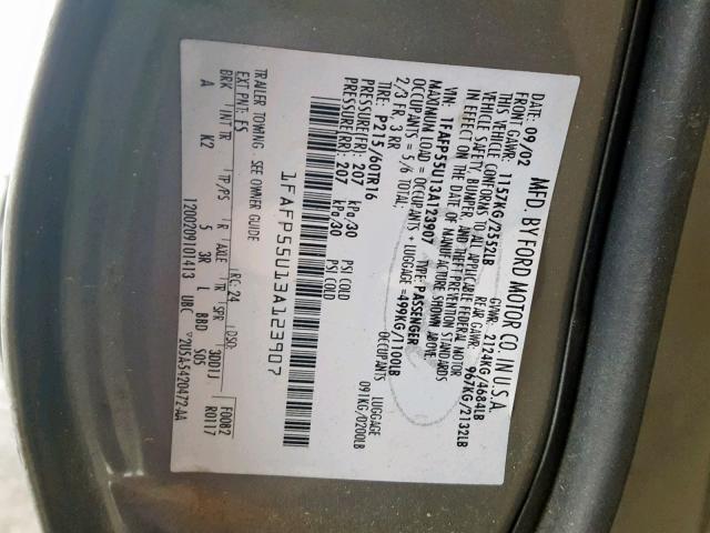 1FAFP55U13A123907 - 2003 FORD TAURUS SES GREEN photo 10