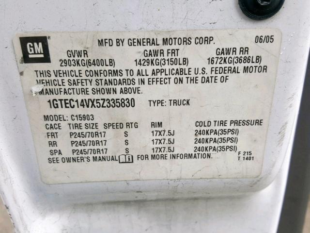 1GTEC14VX5Z335830 - 2005 GMC NEW SIERRA WHITE photo 10