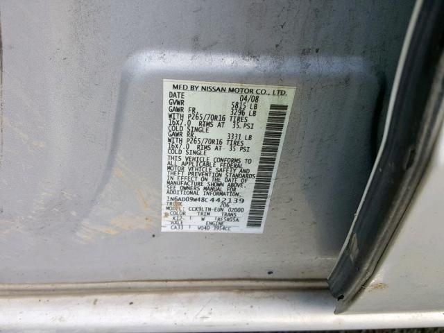 1N6AD09W48C442139 - 2008 NISSAN FRONTIER C SILVER photo 10