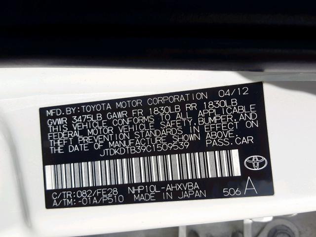 JTDKDTB39C1509539 - 2012 TOYOTA PRIUS C WHITE photo 10