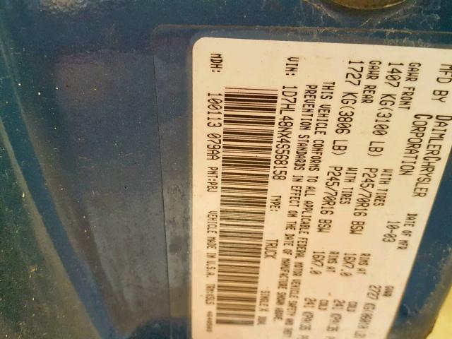 1D7HL48NX4S568158 - 2004 DODGE DAKOTA QUA BLUE photo 10