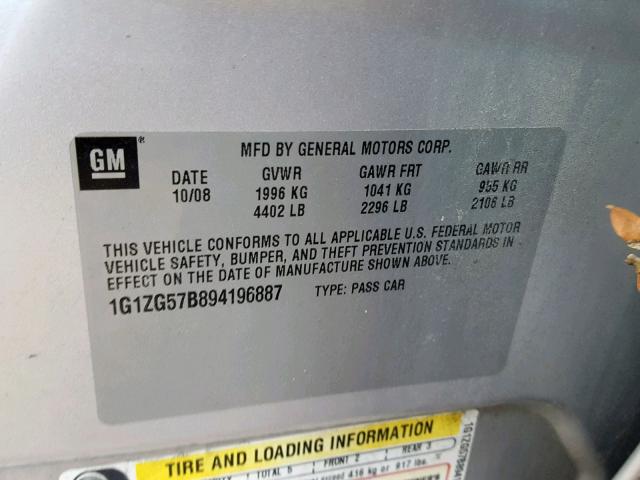 1G1ZG57B894196887 - 2009 CHEVROLET MALIBU LS GRAY photo 10