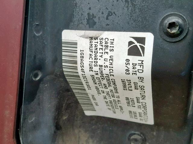 1G8AG54F13Z191031 - 2003 SATURN ION LEVEL BURGUNDY photo 10