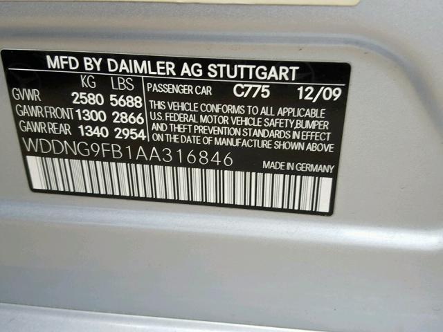 WDDNG9FB1AA316846 - 2010 MERCEDES-BENZ S 400 SILVER photo 10