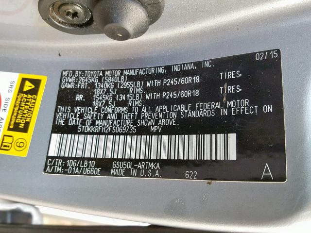 5TDKKRFH2FS069735 - 2015 TOYOTA HIGHLANDER SILVER photo 10