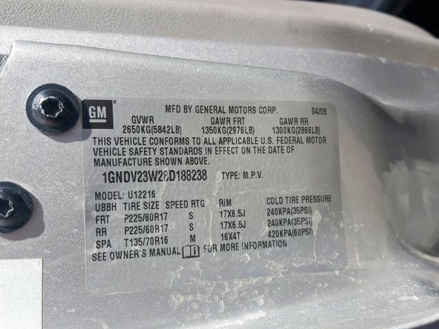 1GNDV23W28D188238 - 2008 CHEVROLET UPLANDER L GRAY photo 10