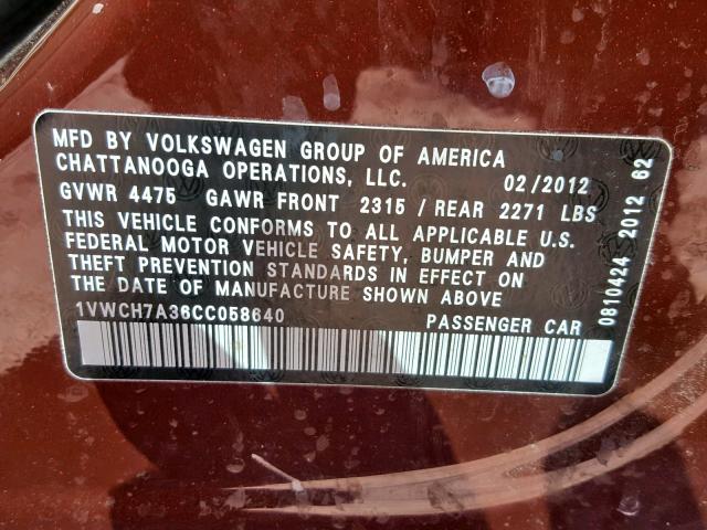 1VWCH7A36CC058640 - 2012 VOLKSWAGEN PASSAT SEL MAROON photo 10