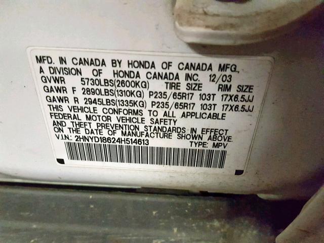 2HNYD18624H514613 - 2004 ACURA MDX TOURIN WHITE photo 10