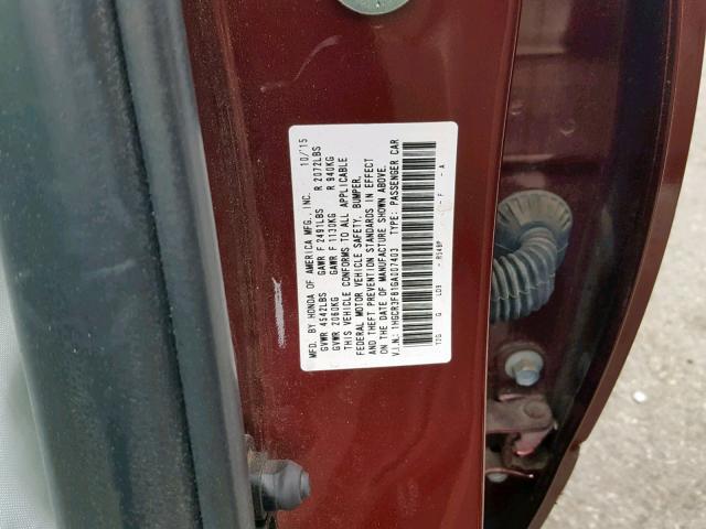 1HGCR3F81GA007403 - 2016 HONDA ACCORD EXL BURGUNDY photo 10