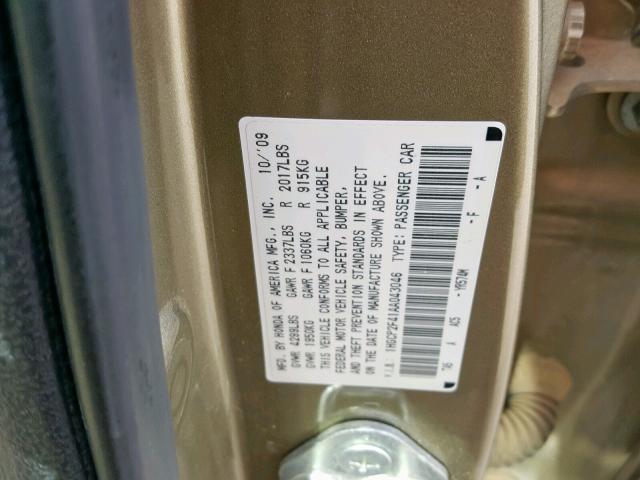 1HGCP2F41AA043046 - 2010 HONDA ACCORD LXP GOLD photo 10