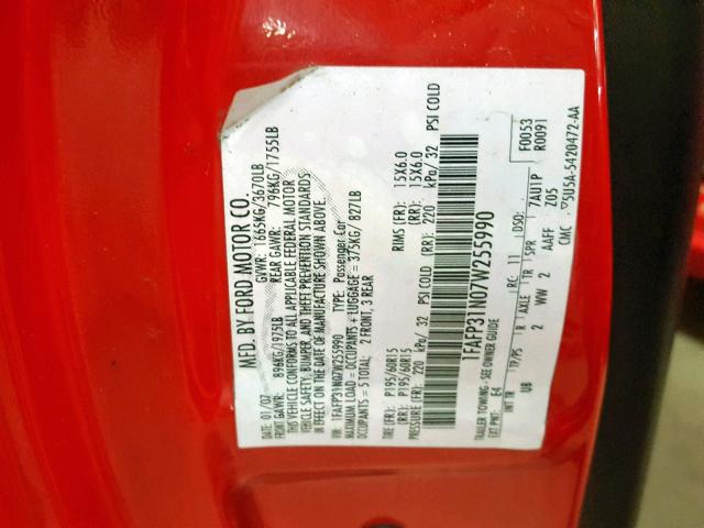 1FAFP31N07W255990 - 2007 FORD FOCUS ZX3 RED photo 10