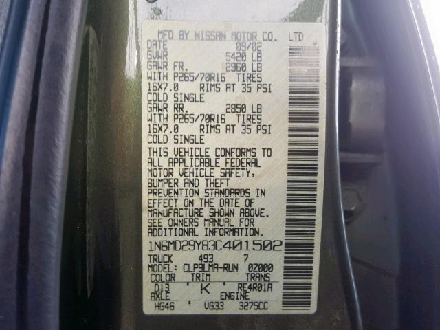 1N6MD29Y83C401502 - 2003 NISSAN FRONTIER C GREEN photo 10