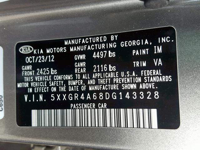 5XXGR4A68DG143328 - 2013 KIA OPTIMA SX GRAY photo 10