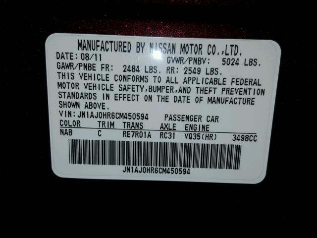 JN1AJ0HR6CM450594 - 2012 INFINITI EX35 BASE BURGUNDY photo 10