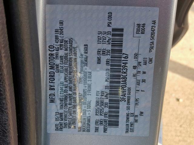 3FAHP0JA8CR394167 - 2012 FORD FUSION SEL SILVER photo 10