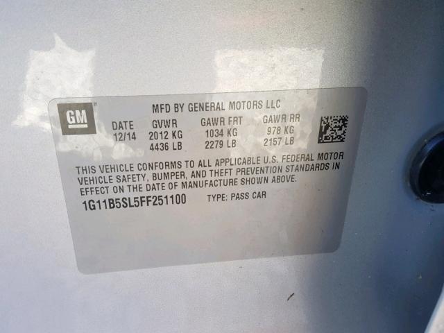 1G11B5SL5FF251100 - 2015 CHEVROLET MALIBU LS SILVER photo 10