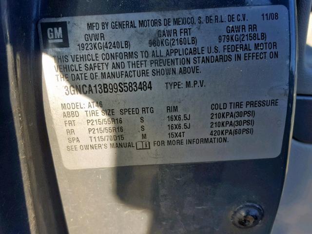 3GNCA13B99S583484 - 2009 CHEVROLET HHR LS GRAY photo 10