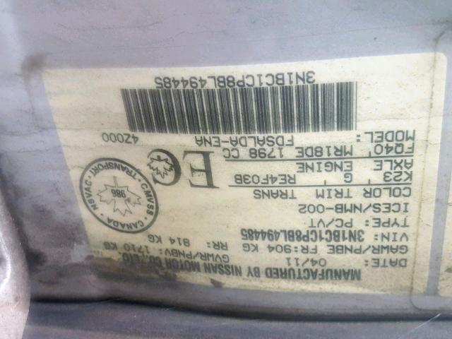 3N1BC1CP8BL494485 - 2011 NISSAN VERSA S Plata foto 10