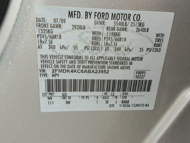 2FMDK4KC6ABA23952 - 2010 FORD EDGE LIMIT WHITE photo 10