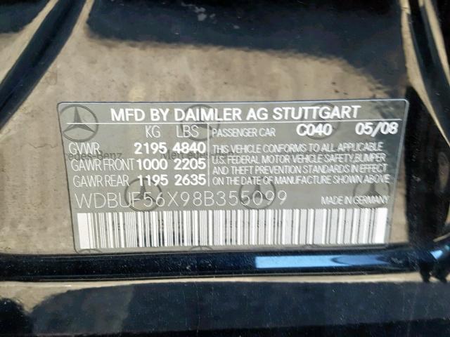 WDBUF56X98B355099 - 2008 MERCEDES-BENZ E 350 BLACK photo 10