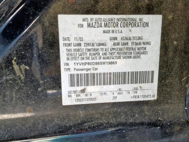 1YVHP80D865M19865 - 2006 MAZDA 6 S BLACK photo 10