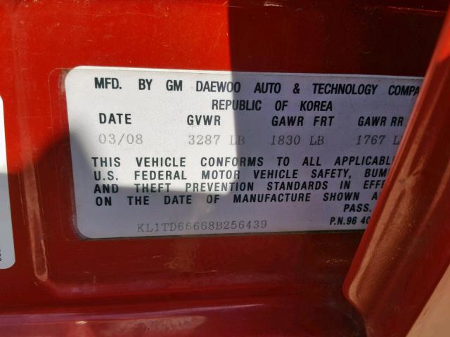 KL1TD66668B256439 - 2008 CHEVROLET AVEO BASE Марун фото 10