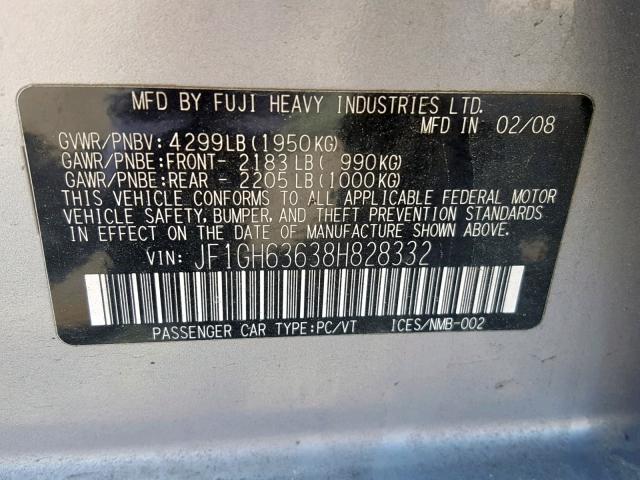 JF1GH63638H828332 - 2008 SUBARU IMPREZA OU SILVER photo 10