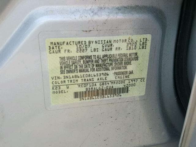 3N1AB61E08L653926 - 2008 NISSAN SENTRA 2.0 SILVER photo 10