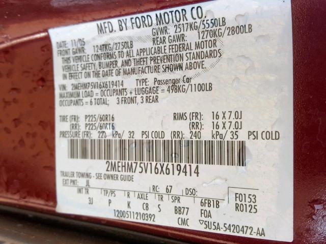 2MEHM75V16X619414 - 2006 MERCURY GRAND MARQ MAROON photo 10