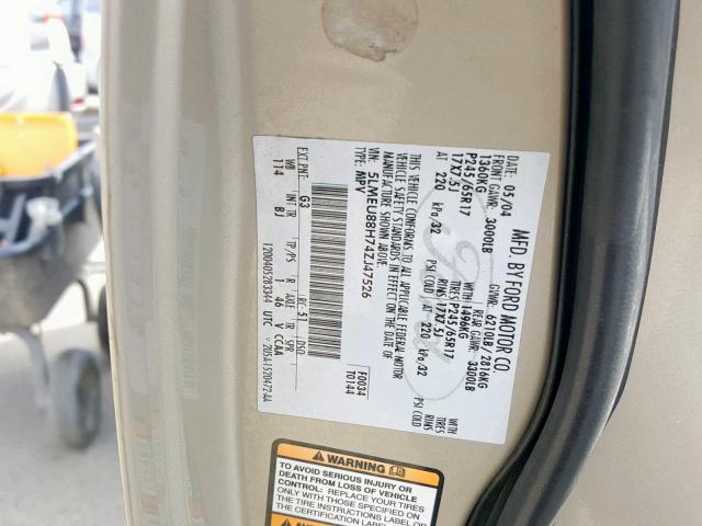 5LMEU88H74ZJ47526 - 2004 LINCOLN AVIATOR ოქროსფერი ფოტო 10