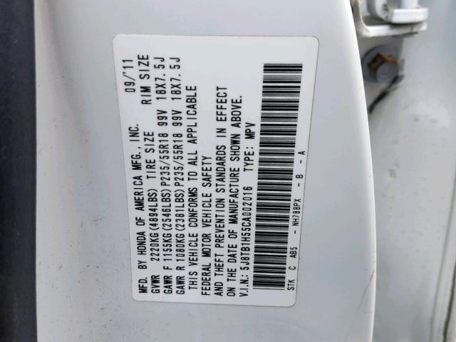 5J8TB1H55CA002016 - 2012 ACURA RDX TECHNO WHITE photo 10