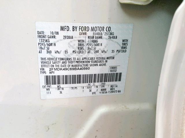 2FMDK49C69BA40560 - 2009 FORD EDGE LIMIT WHITE photo 10