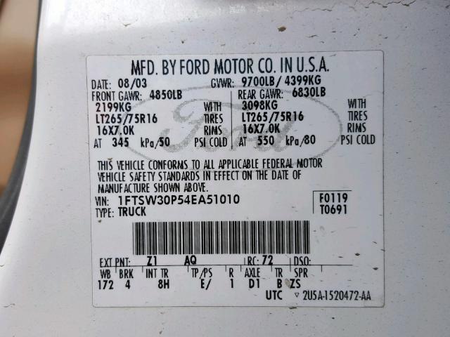 1FTSW30P54EA51010 - 2004 FORD F350 SRW S WHITE photo 10