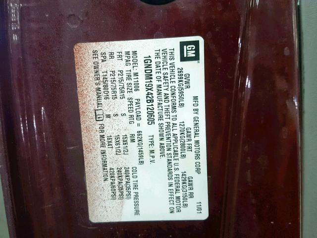 1GNDM19X42B120605 - 2002 CHEVROLET ASTRO MAROON photo 10